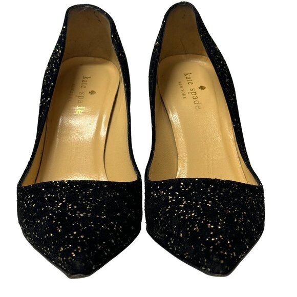 Kate Spade Licorice Pumps Womens 6 B Black Gold Flecked Suede Pointed Heel Italy - Picture 2 of 15